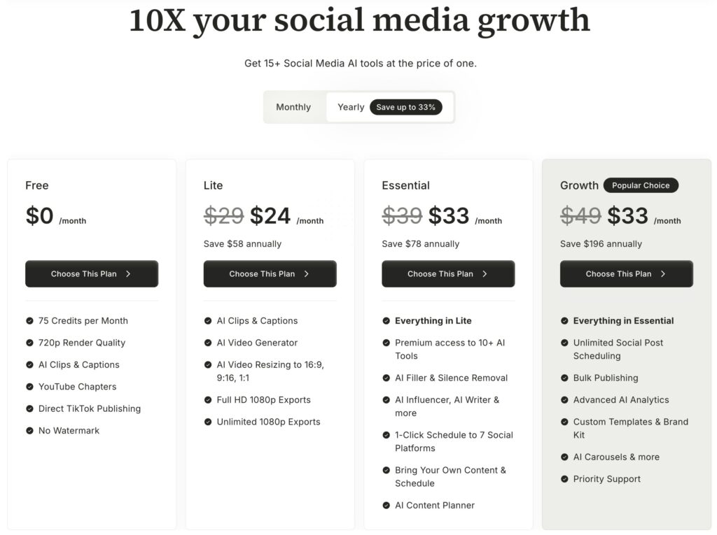 Quso.ai subscription plans and feature details.